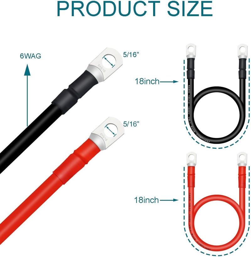 QIATOL كابل بطارية، كابلات بطارية 6 AWG مع أطراف، 2 قطعة كابلات بطارية نحاسية (18 بوصة). - Image 2